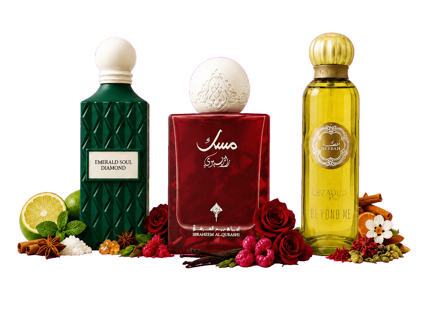 Trois parfums de luxe entourés de leurs ingrédients olfactifs